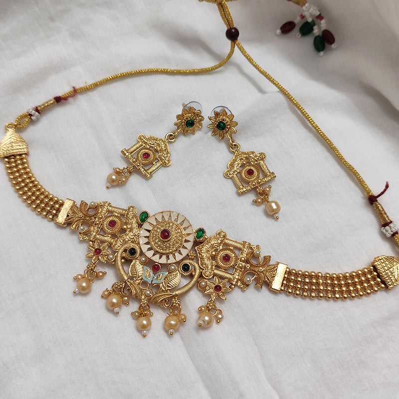 Lalso Lifestyle Matte Gold Plated Rajwadi Meenakari Choker Necklace Set