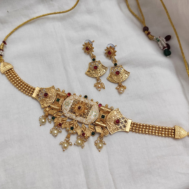 Lalso Lifestyle Matte Gold Plated Rajwadi Meenakari Choker Necklace Set