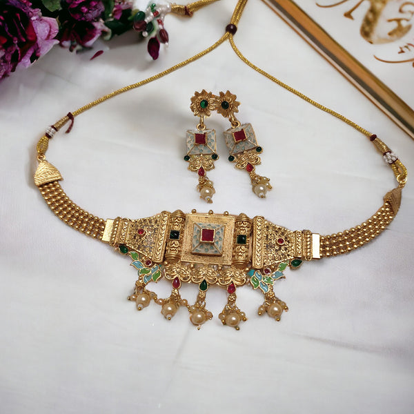 Lalso Lifestyle Matte Gold Plated Rajwadi Meenakari Choker Necklace Set