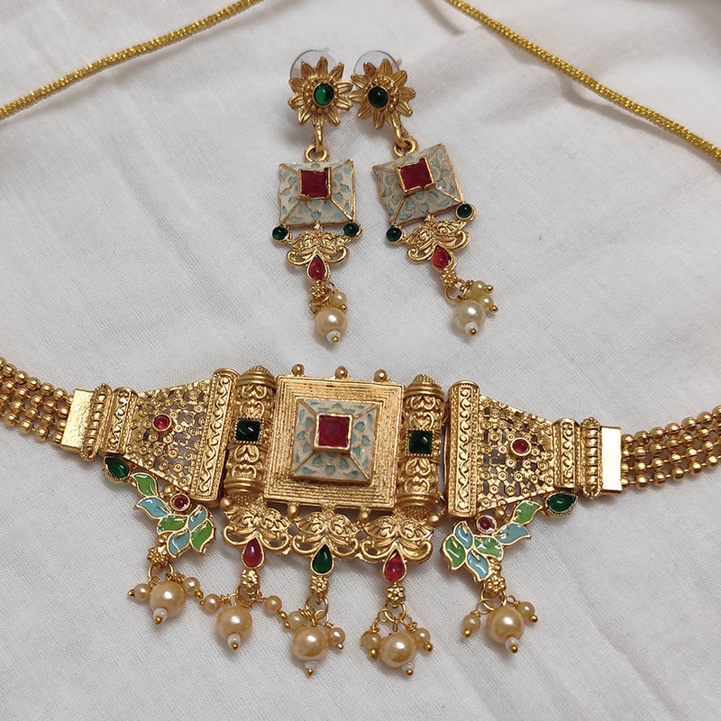 Lalso Lifestyle Matte Gold Plated Rajwadi Meenakari Choker Necklace Set