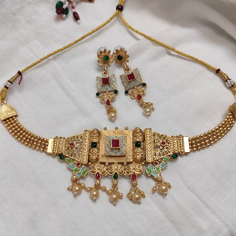 Lalso Lifestyle Matte Gold Plated Rajwadi Meenakari Choker Necklace Set