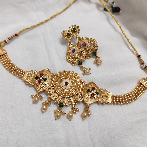 Lalso Lifestyle Matte Gold Plated Rajwadi Meenakari Choker Necklace Set