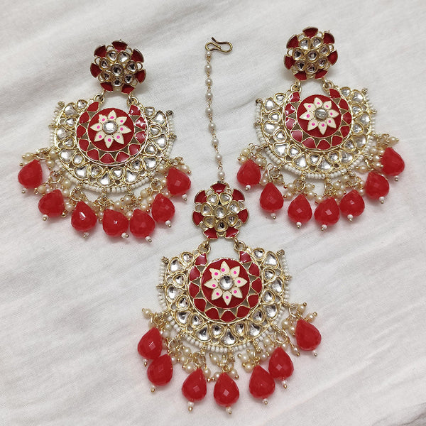 Lalso Bollywood Style Red Big Size Kundan Meenakari Maangtikka Earrings Jewelry combo set