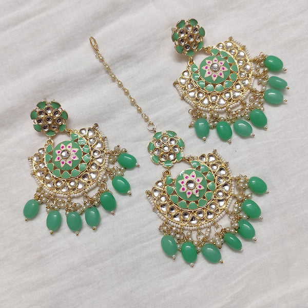 Lalso Bollywood Style Sea Green Big Size Kundan Meenakari Maangtikka Earrings Jewelry combo set