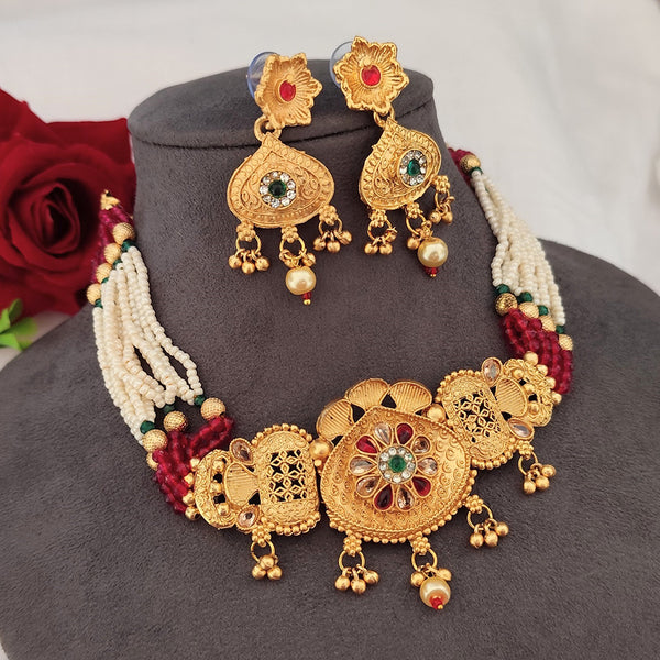 Lalso Lifestyle Premium Matte Gold Plated Patwa Rajwadi Style Choker Necklace Set