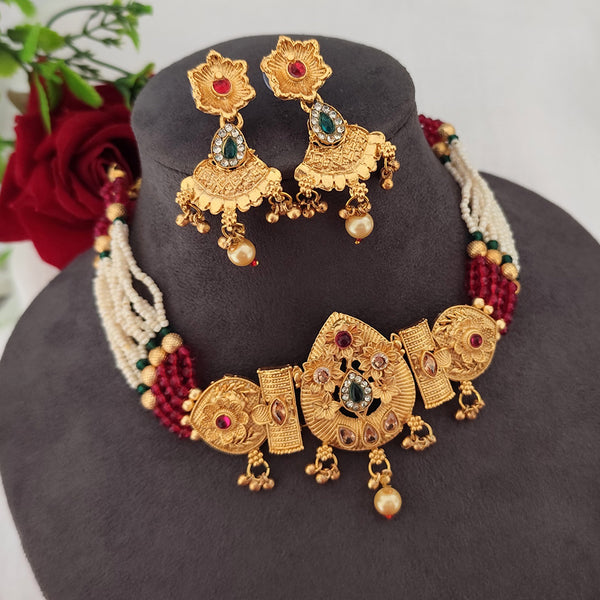 Lalso Lifestyle Premium Matte Gold Plated Patwa Rajwadi Style Choker Necklace Set