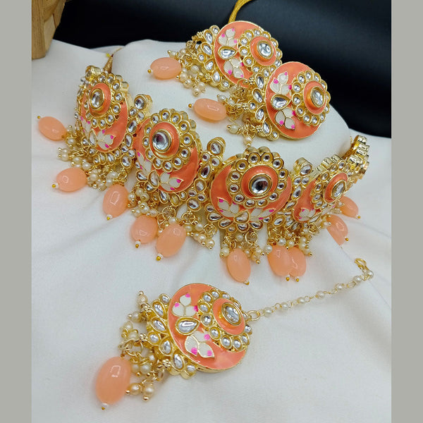 Lalso Partywear Peach Meenakari Kundan Choker Necklace Earrings Jewelry Set with maangtikka