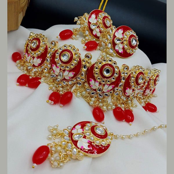 Lalso Partywear Red Meenakari Kundan Choker Necklace Earrings Jewelry Set with maangtikka