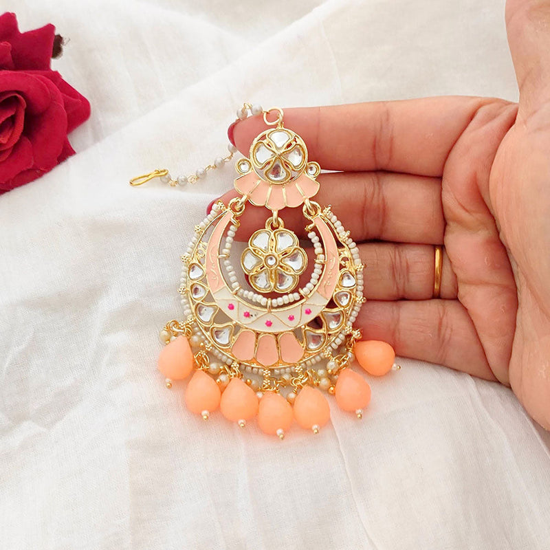 Lalso Beautiful Peach Big Size Meenakari Kundan Maangtikka Hair Accessories wedding Jewelry