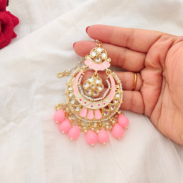 Lalso Beautiful Baby Pink Big Size Meenakari Kundan Maangtikka Hair Accessories wedding Jewelry