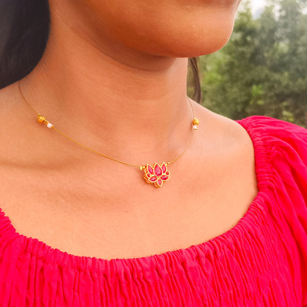 Locketto Jewellery  Lightweight Pink Lotus Pota Stone And Pearl Invisible Necklace