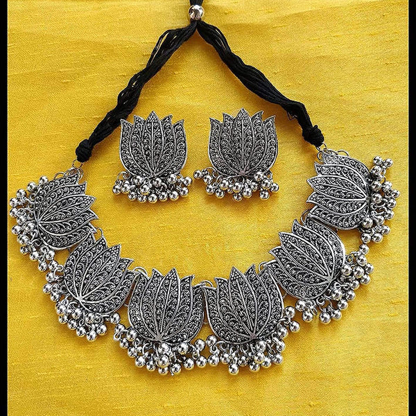 Bevy Pearls Oxidised Plated Lotus Choker Necklace Set