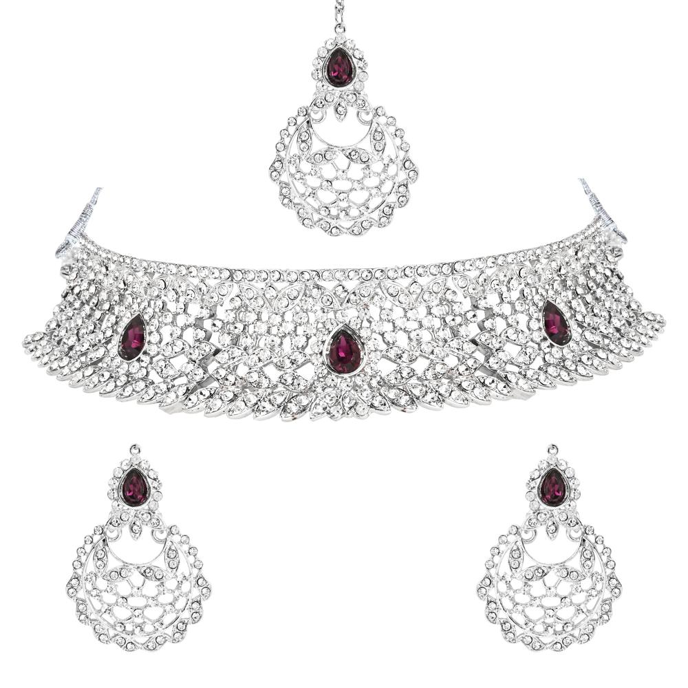 Etnico Silver Plated Traditional Design Stone Work Choker Necklace Jew ...