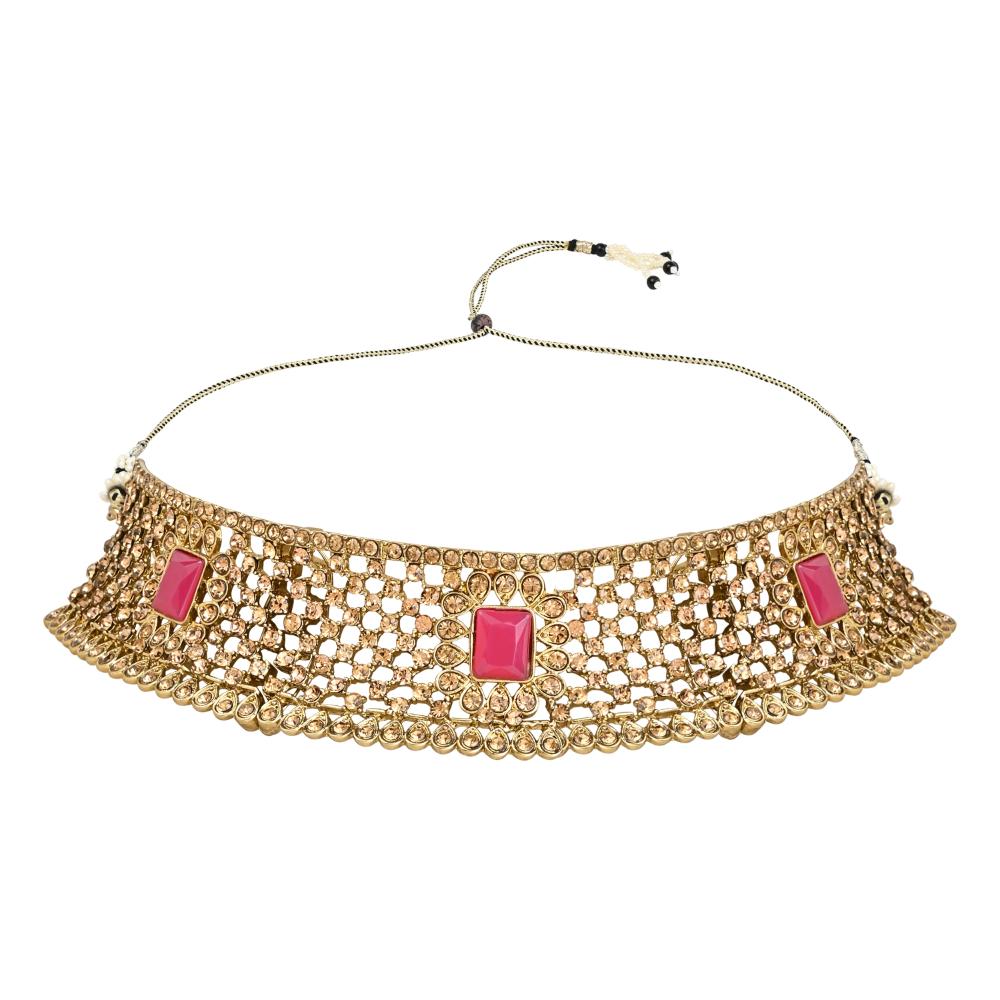 Etnico Gold Plated Traditional Design Stone Work Choker Necklace Jewellery Set With Chandbali Earring & Maang Tikka For Women/Girls (M4172FLQ)