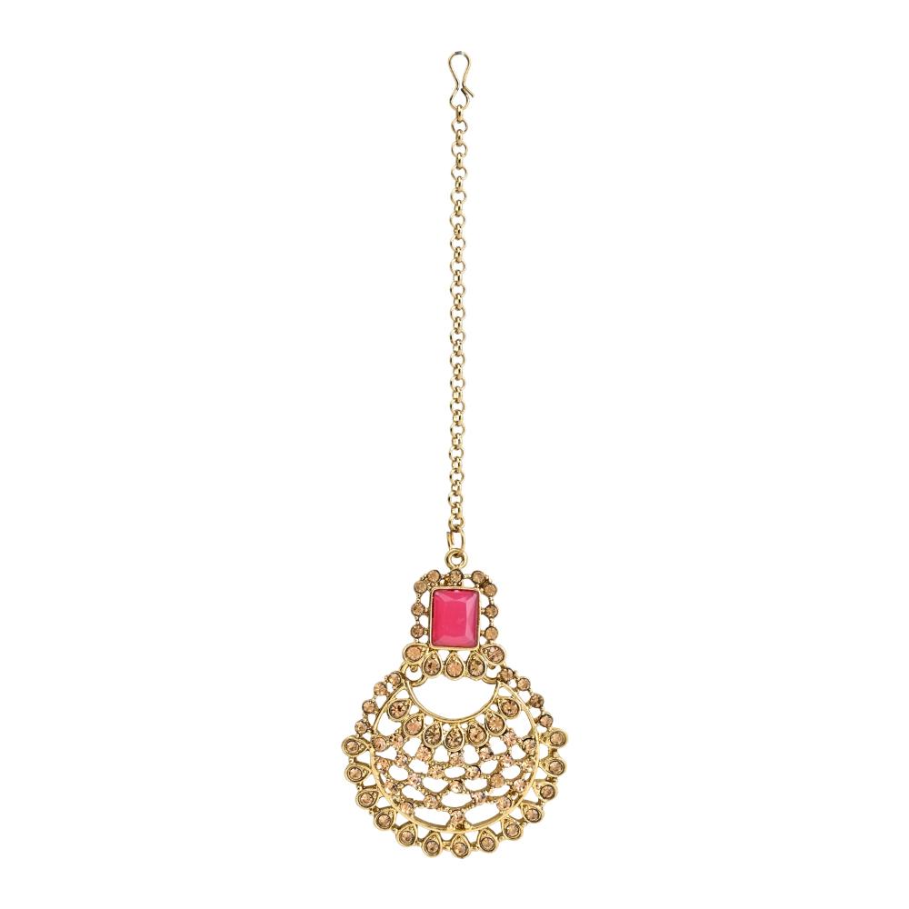Etnico Gold Plated Traditional Design Stone Work Choker Necklace Jewellery Set With Chandbali Earring & Maang Tikka For Women/Girls (M4172FLQ)
