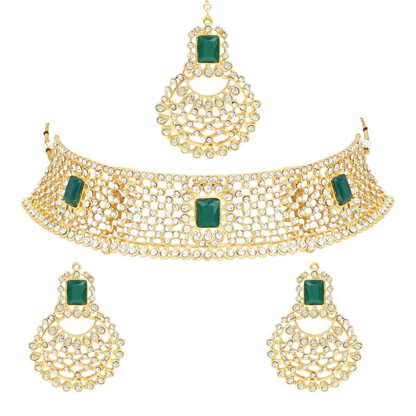 Etnico Gold Plated Traditional Design Stone Work Choker Necklace Jewellery Set With Chandbali Earring & Maang Tikka For Women/Girls (M4172WG)