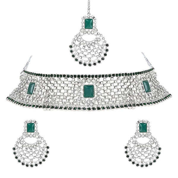 Etnico Silver Plated Traditional Design Stone Work Choker Necklace Jewellery Set With Chandbali Earring & Maang Tikka For Women/Girls (M4172ZG)