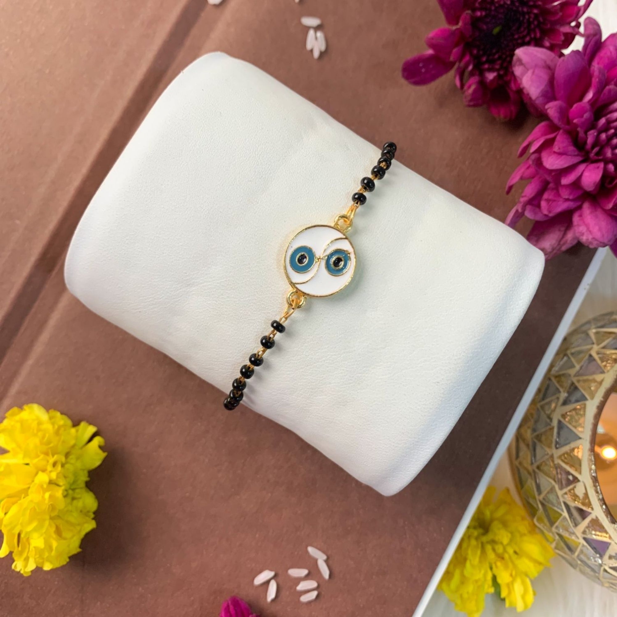 Etnico Gold Plated Traditional Adjustable Black Beads Mangalsutra Bracelet with White Pendant for Women (MB001B)