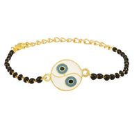 Etnico Gold Plated Traditional Adjustable Black Beads Mangalsutra Bracelet with White Pendant for Women (MB001B)