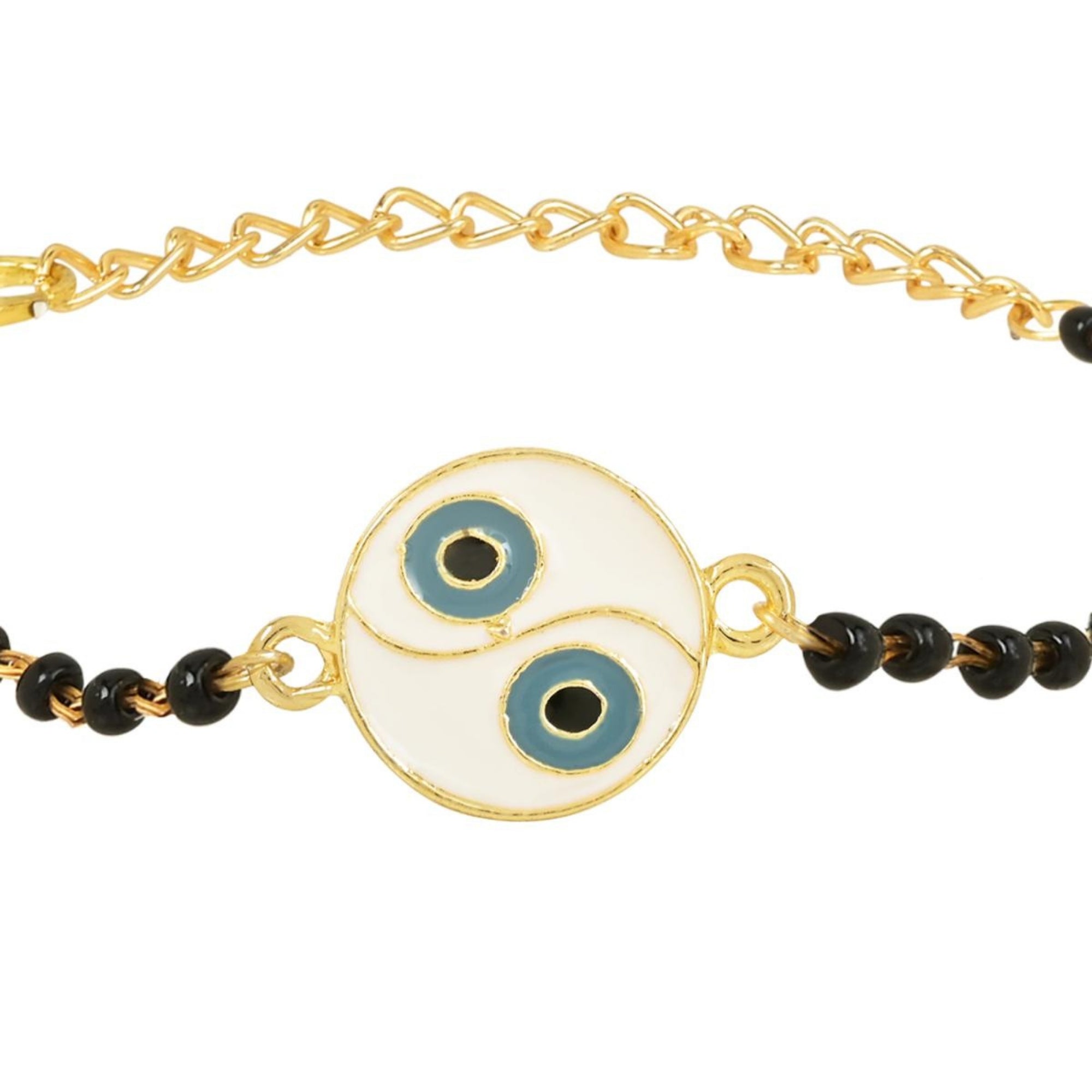 Etnico Gold Plated Traditional Adjustable Black Beads Mangalsutra Bracelet with White Pendant for Women (MB001B)