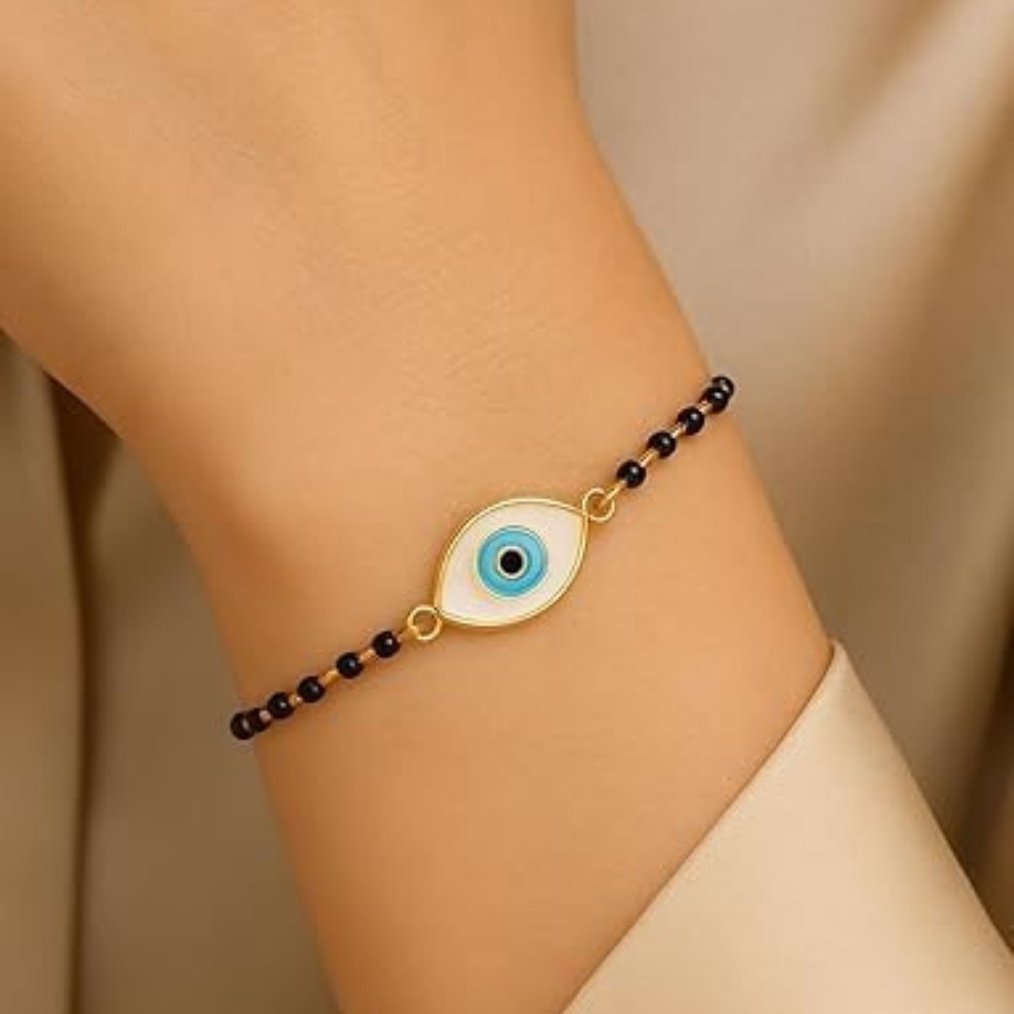 Etnico Gold Plated Traditional Adjustable Black Beads Mangalsutra Bracelet with White Pendant for Women (MB002B)