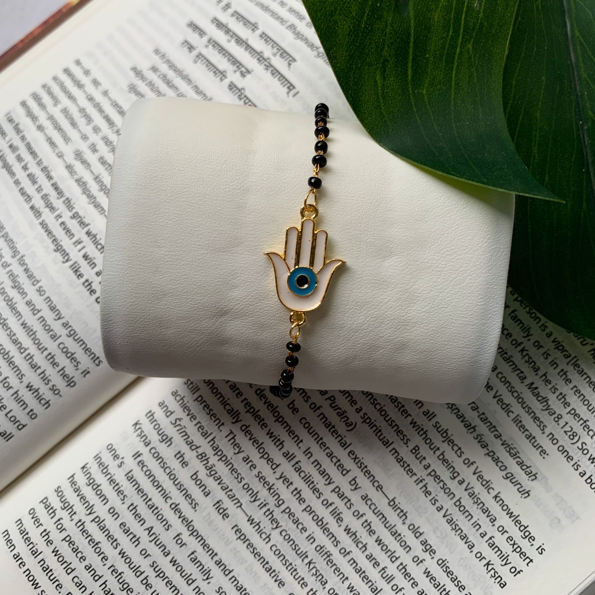 Etnico Gold Plated Traditional Adjustable Black Beads Mangalsutra Bracelet with White Pendant for Women (MB003B)