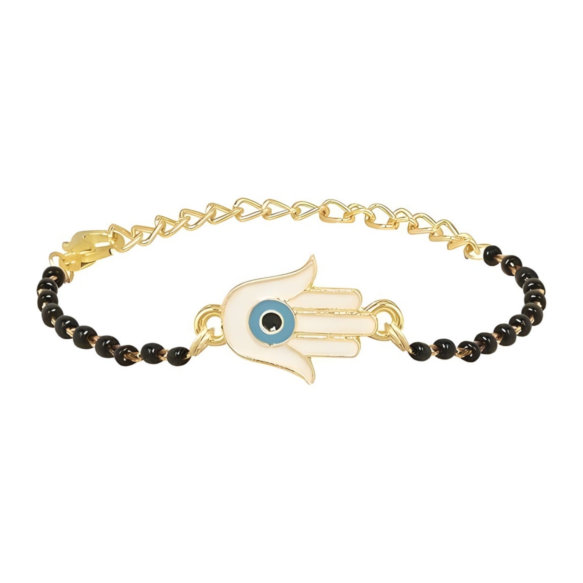 Etnico Gold Plated Traditional Adjustable Black Beads Mangalsutra Bracelet with White Pendant for Women (MB003B)