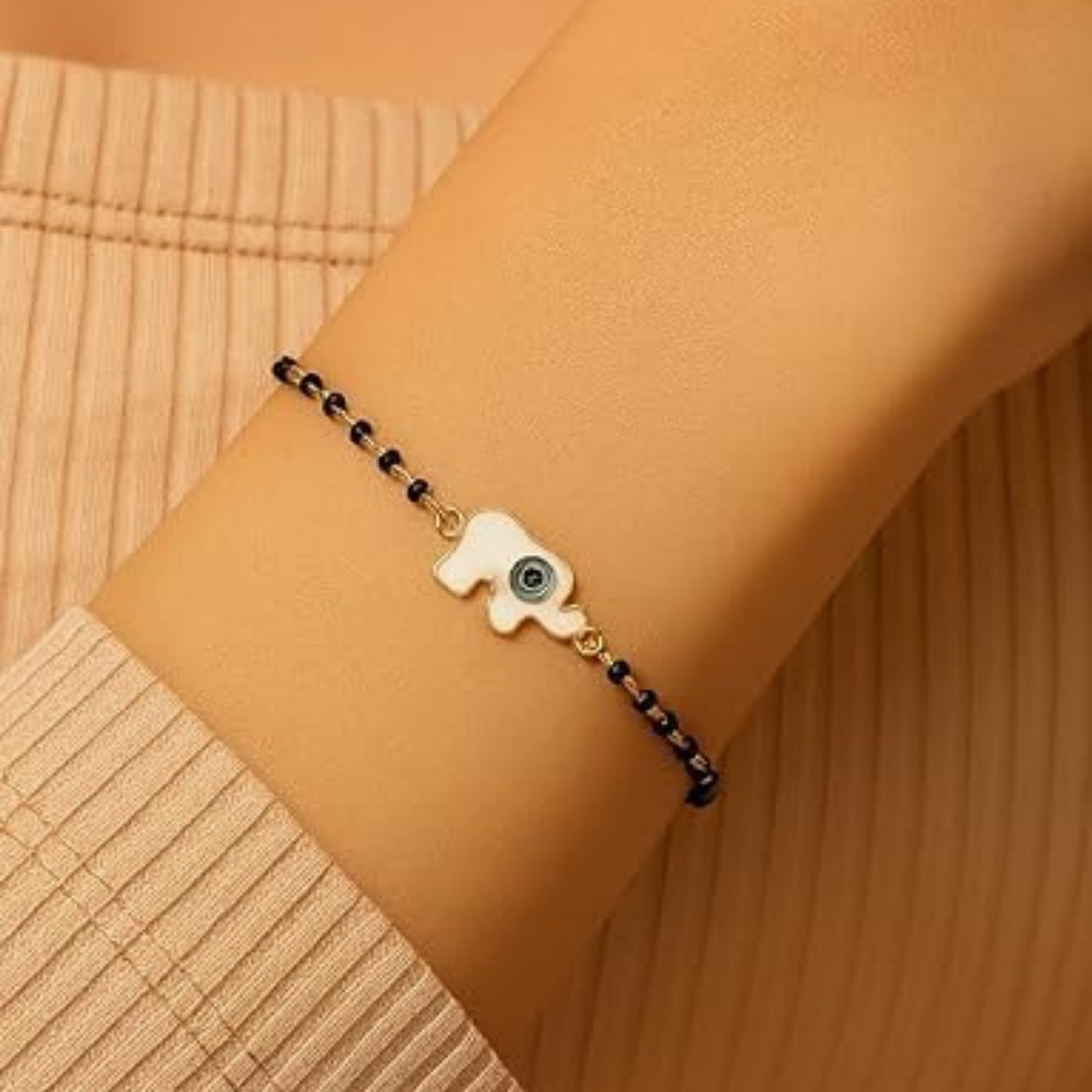 Etnico Gold Plated Traditional Adjustable Black Beads Mangalsutra Bracelet with White Pendant for Women (MB005B)