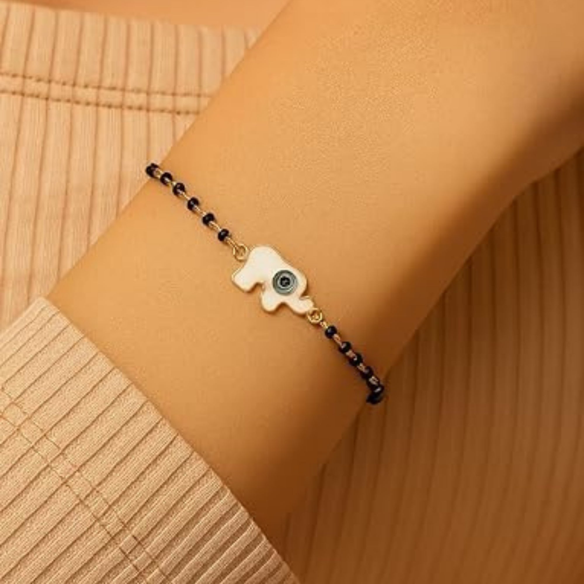 Etnico Gold Plated Traditional Adjustable Black Beads Mangalsutra Bracelet with White Pendant for Women (MB006G)