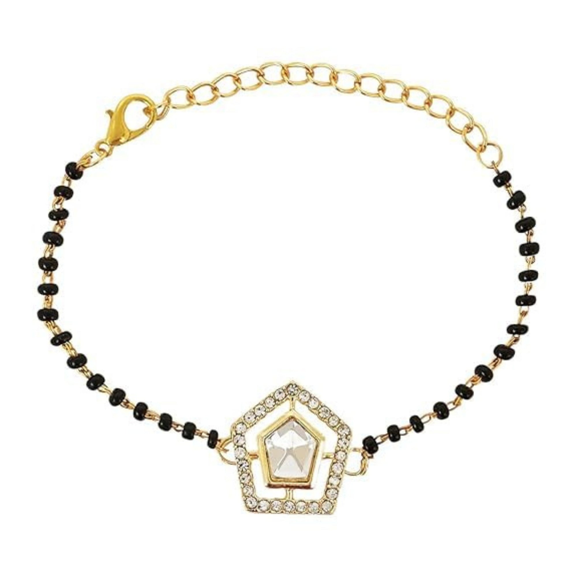 Etnico Gold Plated Traditional Adjustable Black Beads Mangalsutra Bracelet with White Pendant for Women (MB007W)