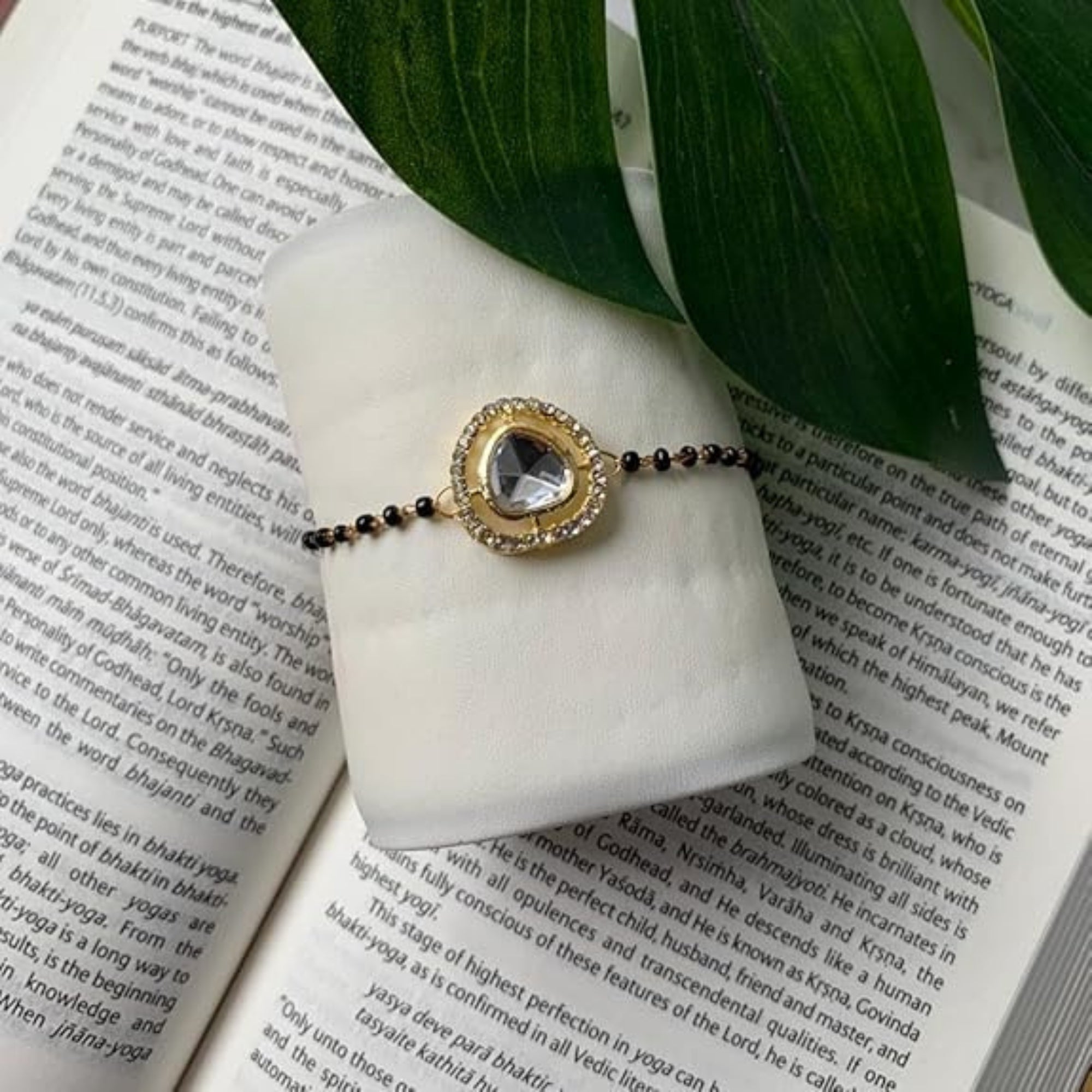 Etnico Gold Plated Traditional Adjustable Black Beads Mangalsutra Bracelet with White Pendant for Women (MB008W)