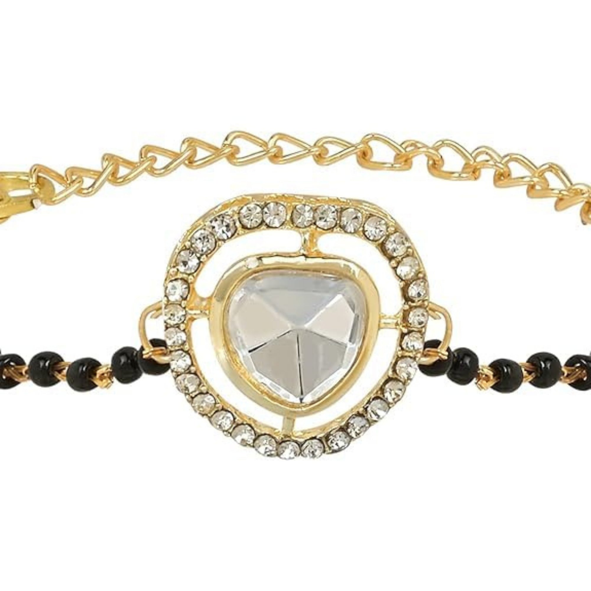 Etnico Gold Plated Traditional Adjustable Black Beads Mangalsutra Bracelet with White Pendant for Women (MB008W)