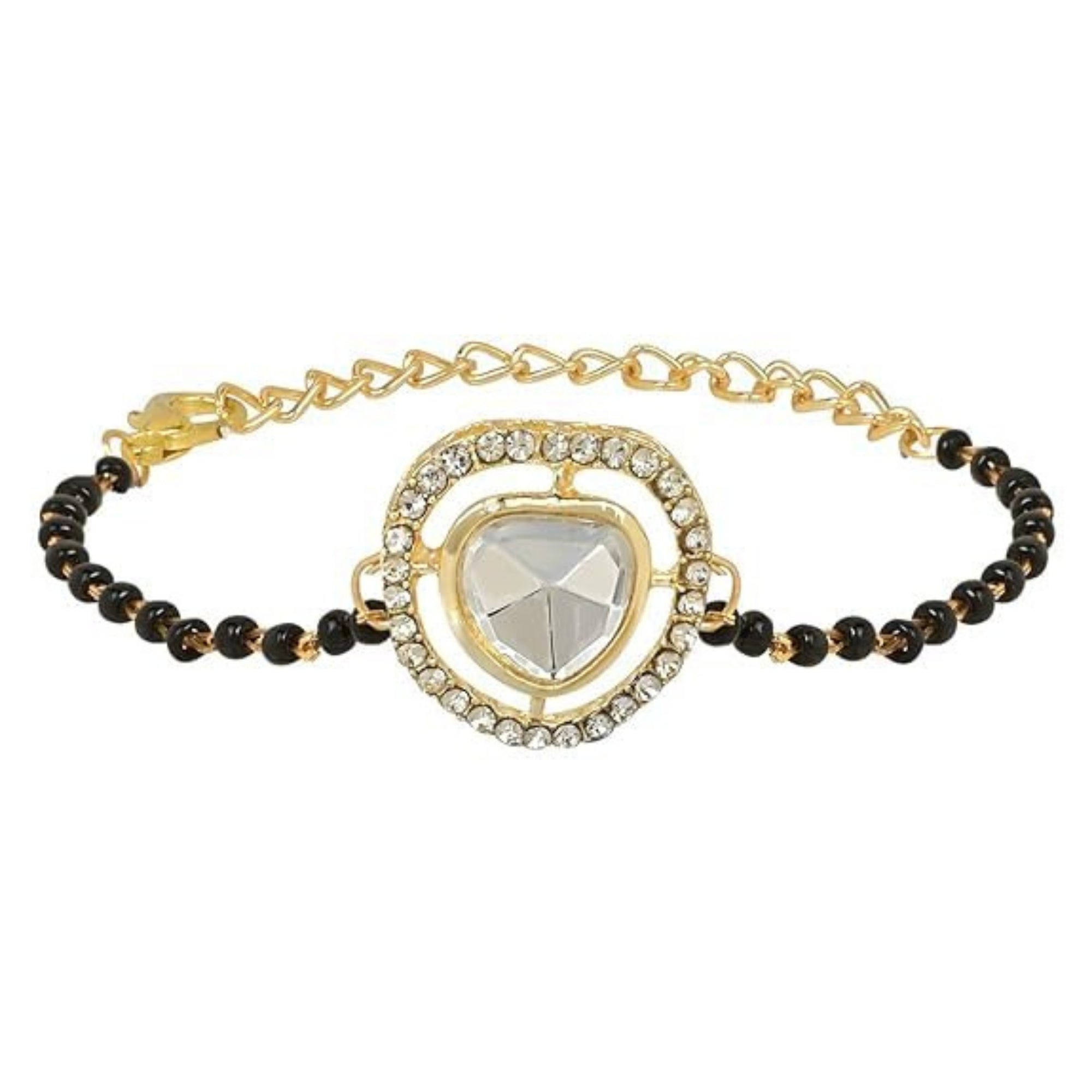 Etnico Gold Plated Traditional Adjustable Black Beads Mangalsutra Bracelet with White Pendant for Women (MB008W)