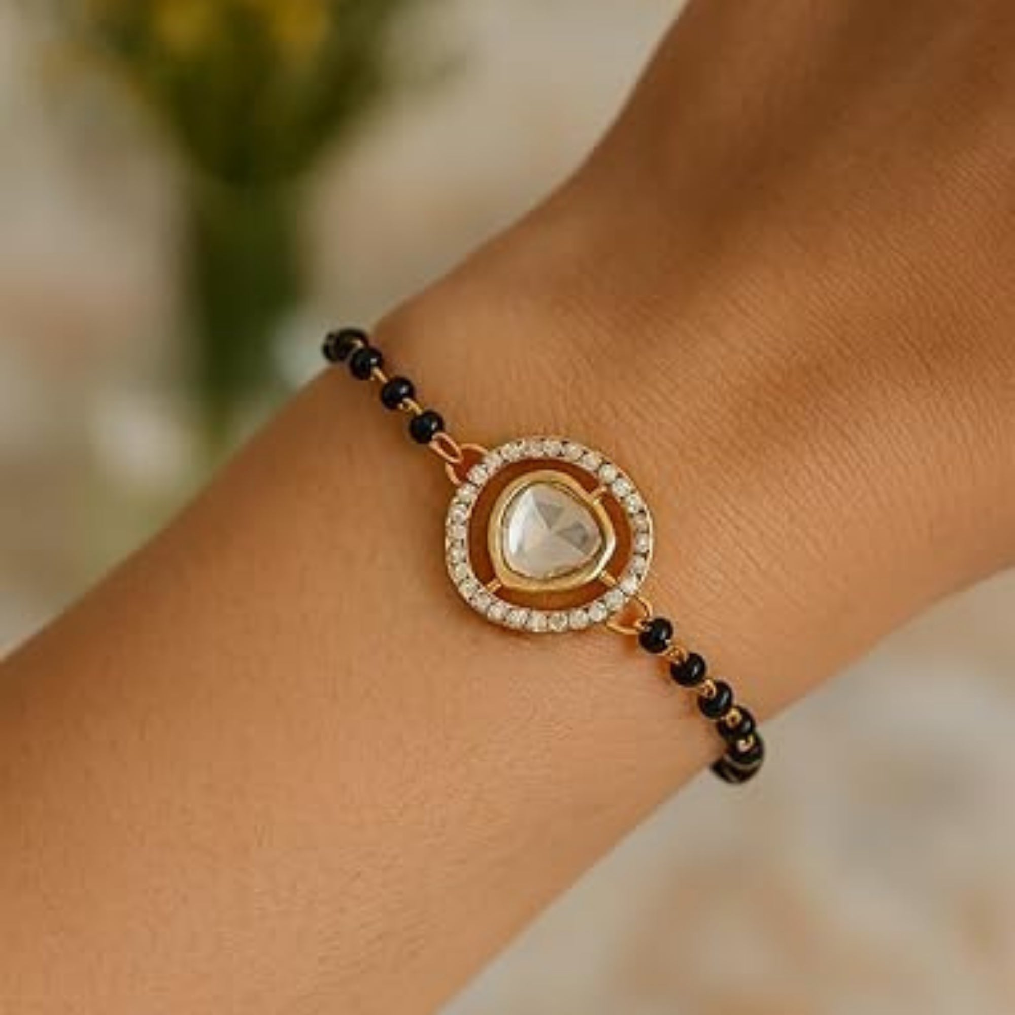 Etnico Gold Plated Traditional Adjustable Black Beads Mangalsutra Bracelet with White Pendant for Women (MB009W)