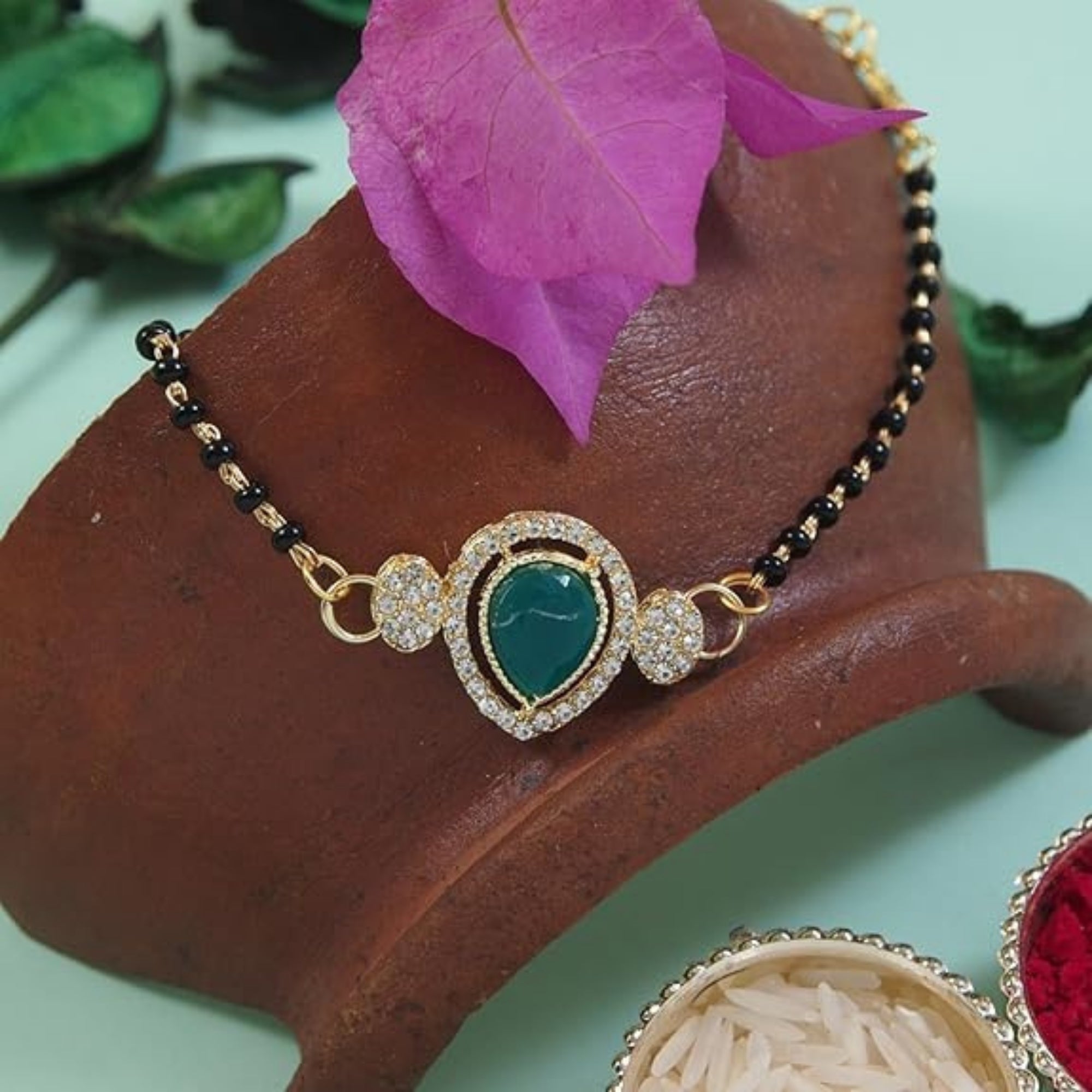 Etnico Gold Plated Traditional Adjustable Black Beads Mangalsutra Bracelet with White Pendant for Women (MB010G)