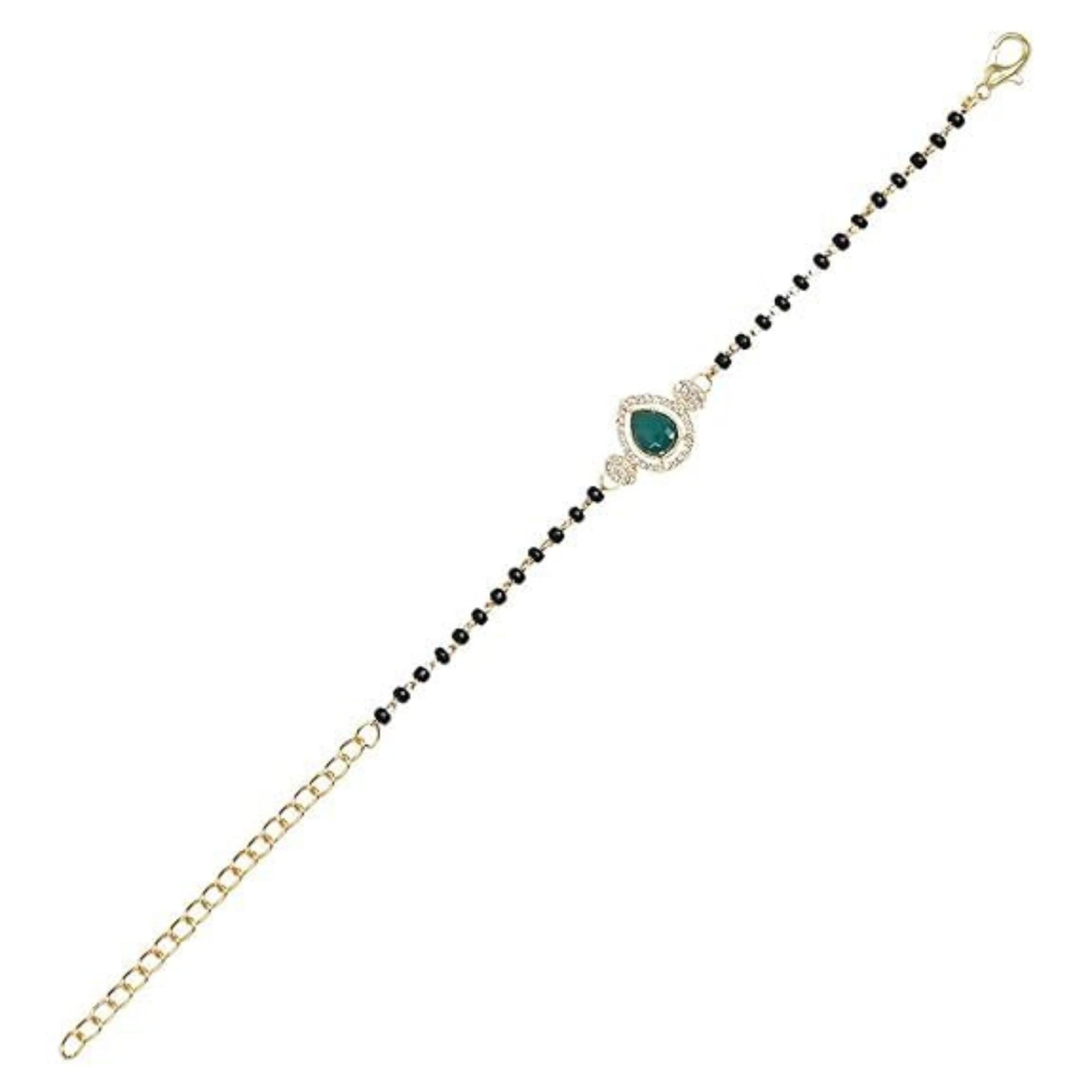 Etnico Gold Plated Traditional Adjustable Black Beads Mangalsutra Bracelet with White Pendant for Women (MB010G)