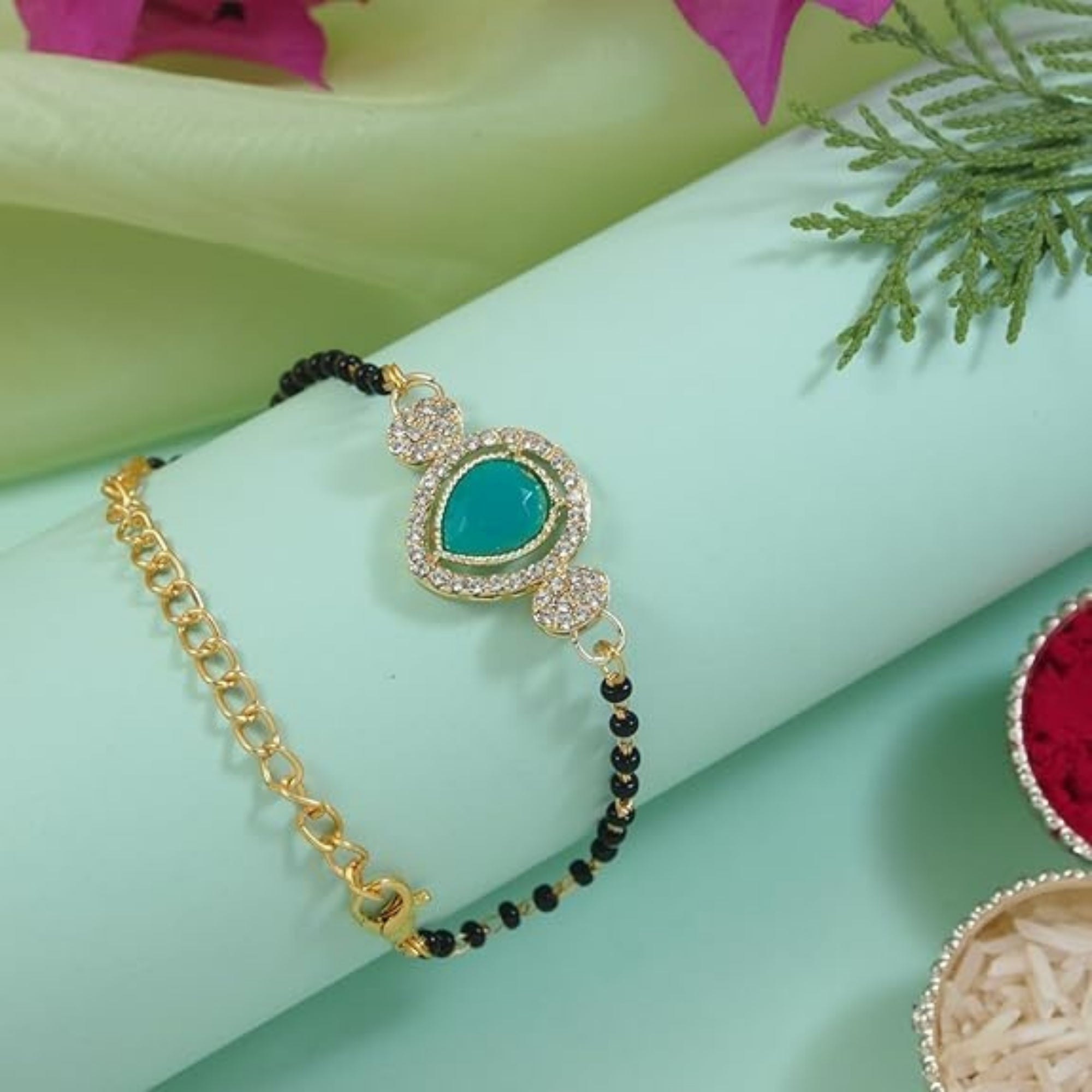 Etnico Gold Plated Traditional Adjustable Black Beads Mangalsutra Bracelet with White Pendant for Women (MB010Sb)