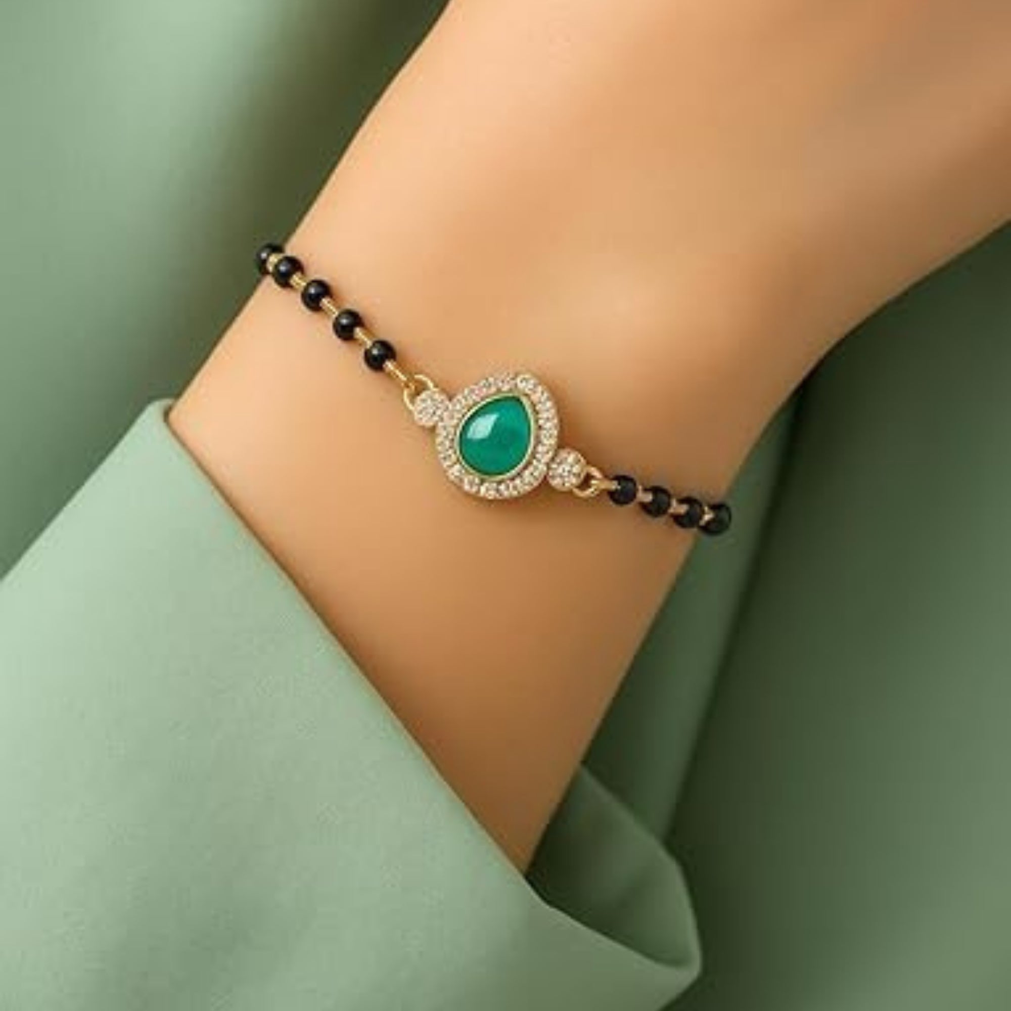 Etnico Gold Plated Traditional Adjustable Black Beads Mangalsutra Bracelet with White Pendant for Women (MB010Sb)