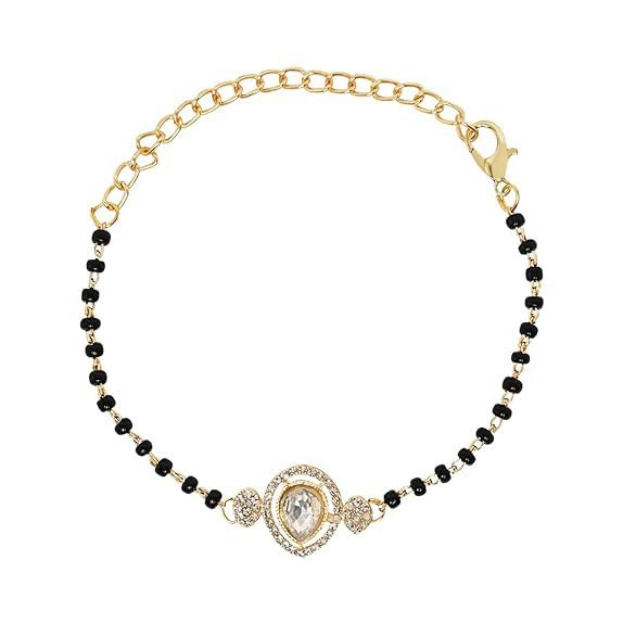 Etnico Gold Plated Traditional Adjustable Black Beads Mangalsutra Bracelet with White Pendant for Women (MB011W)