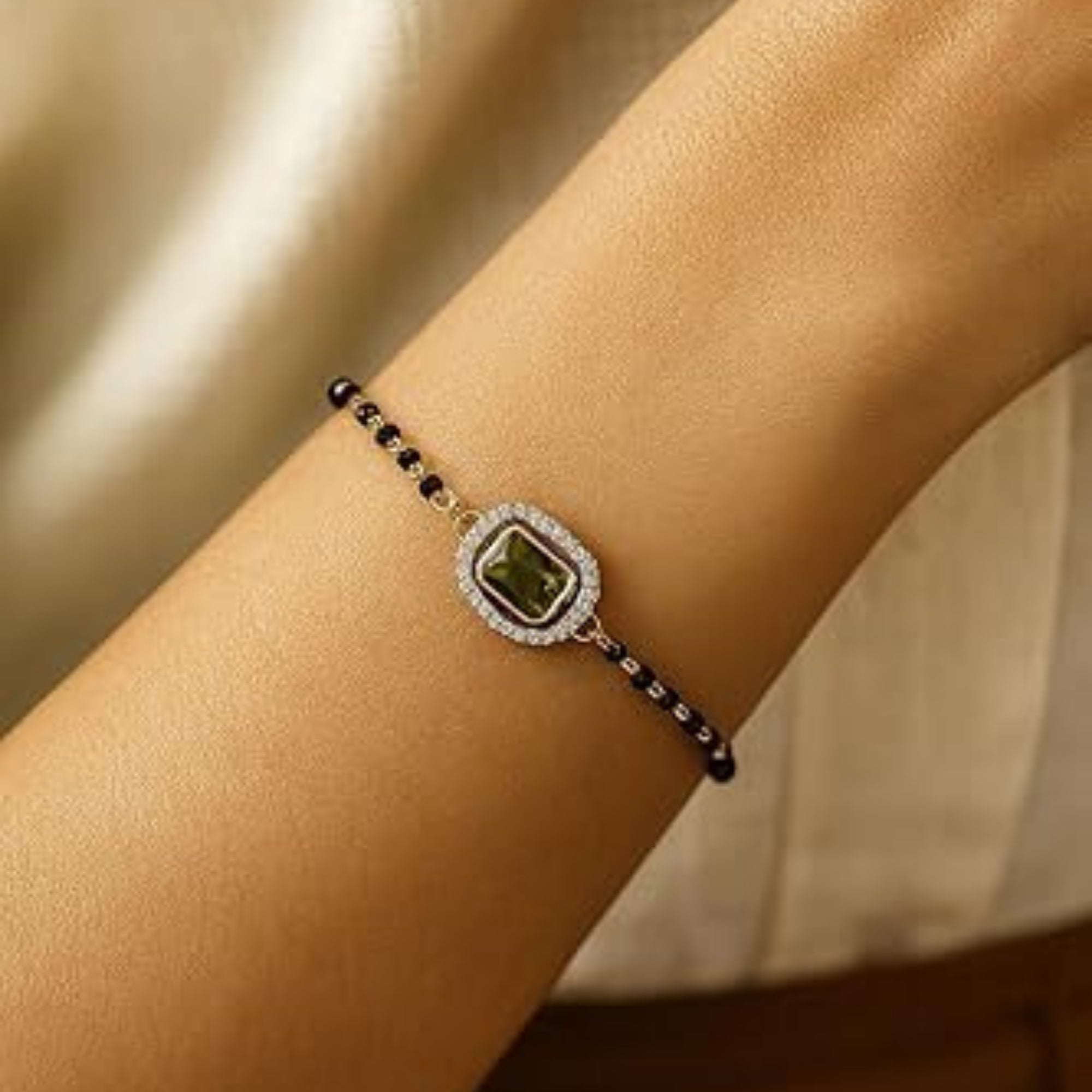 Etnico Gold Plated Traditional Adjustable Black Beads Mangalsutra Bracelet with White Pendant for Women (MB013Mh)