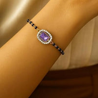 Etnico Gold Plated Traditional Adjustable Black Beads Mangalsutra Bracelet with White Pendant for Women (MB013Pu)