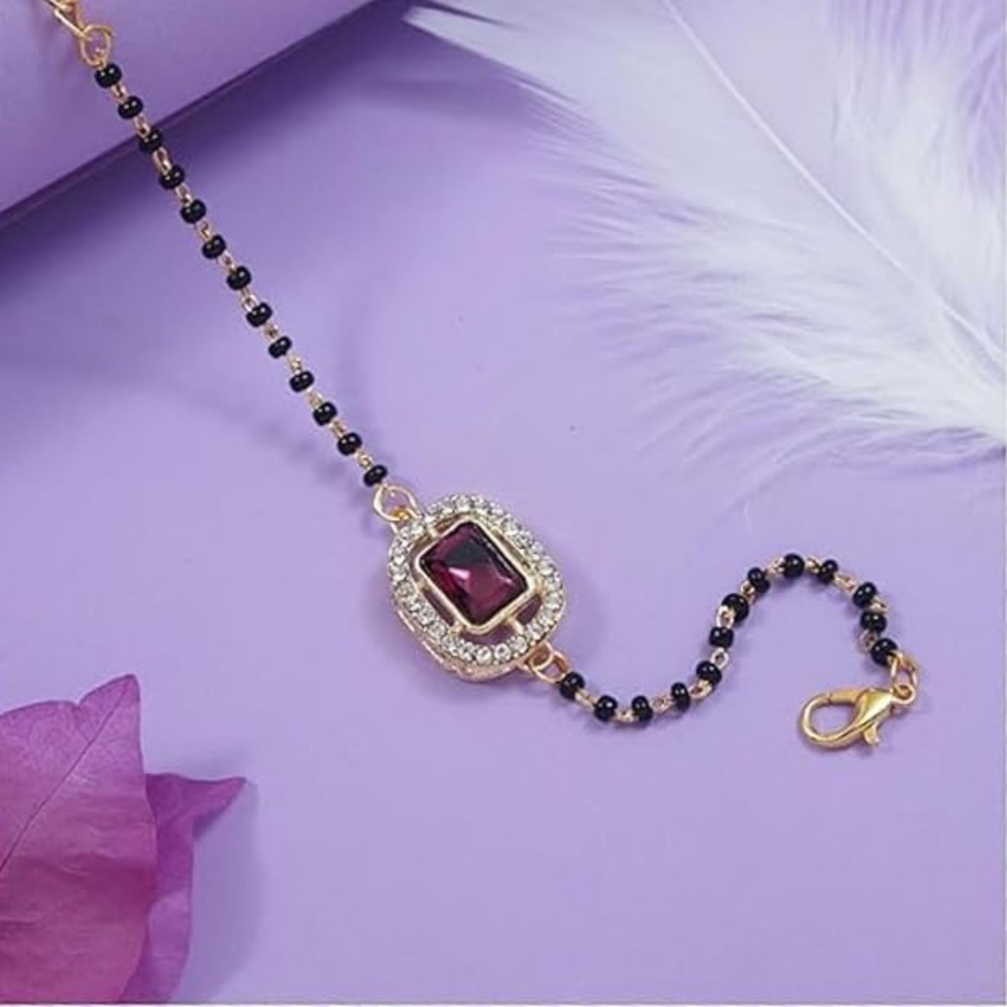 Etnico Gold Plated Traditional Adjustable Black Beads Mangalsutra Bracelet with White Pendant for Women (MB013Wi)