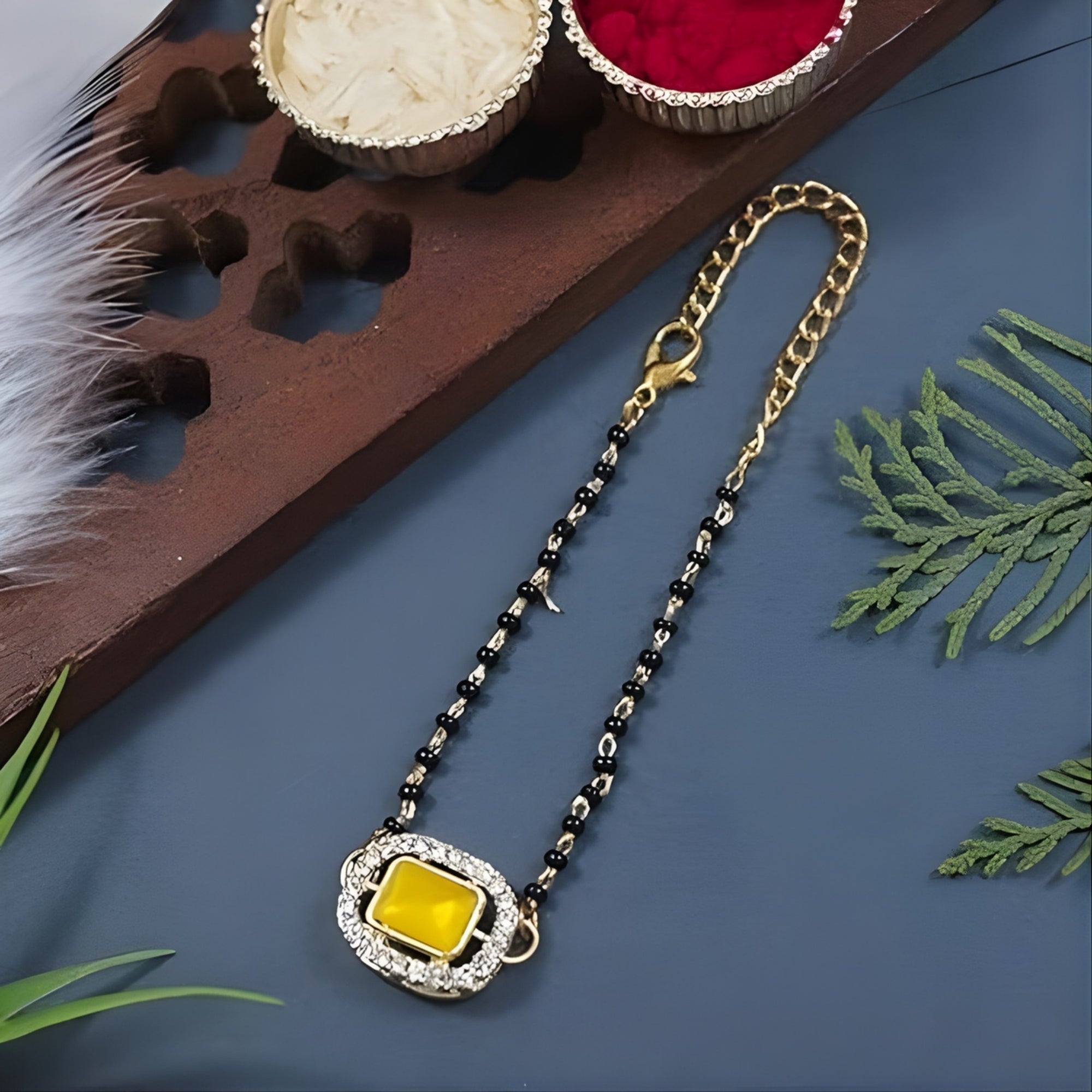 Etnico Gold Plated Traditional Adjustable Black Beads Mangalsutra Bracelet with White Pendant for Women (MB013Y)