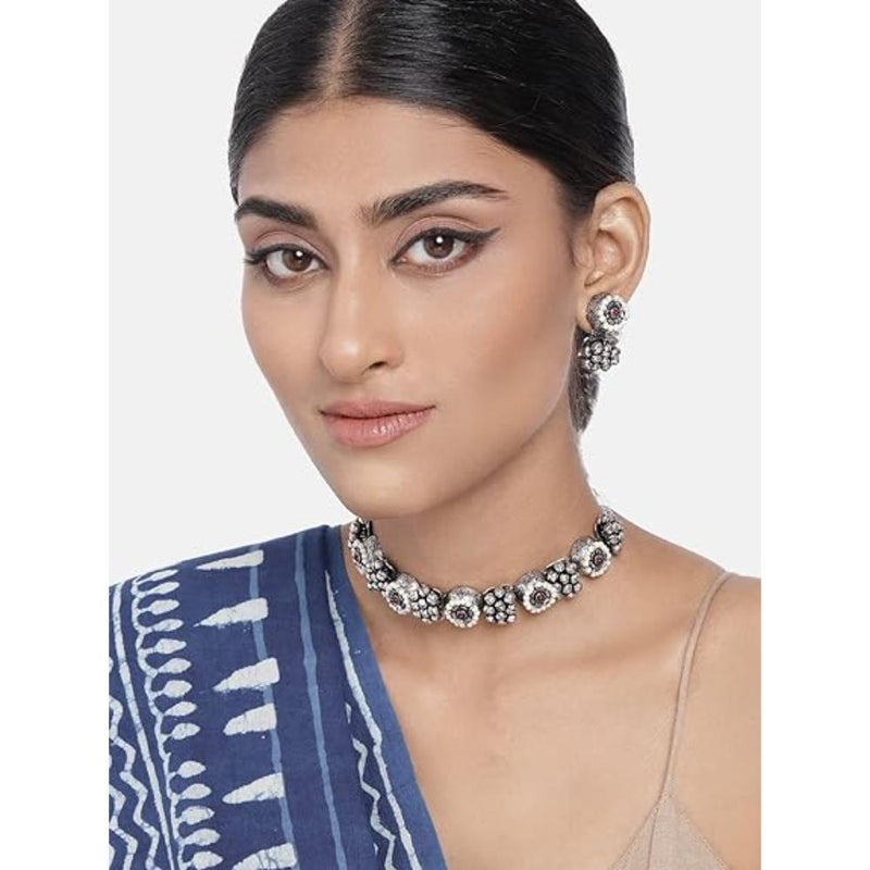 Etnico Navratri Ethnic German Silver Oxidised Jewellery Antique Choker Necklace Set with Earrings for Women & Girls(MC092OX)