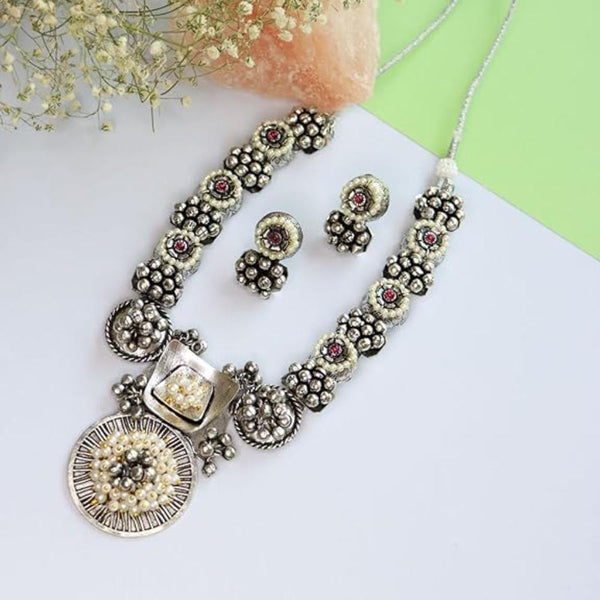 Etnico Navratri Ethnic German Silver Oxidised Jewellery Antique Long Necklace Set with Earrings for Women & Girls(MC095OX)