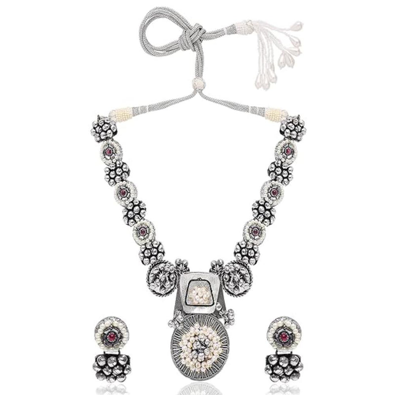 Etnico Navratri Ethnic German Silver Oxidised Jewellery Antique Long Necklace Set with Earrings for Women & Girls(MC095OX)