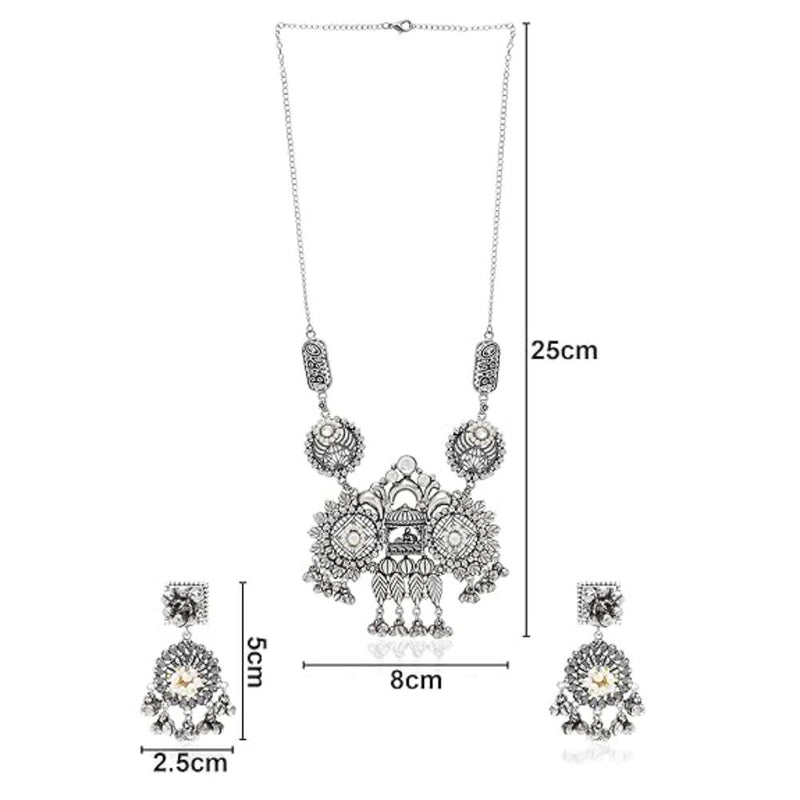 Etnico Navratri Ethnic German Silver Oxidised Jewellery Antique Long Necklace Set with Earrings for Women & Girls(MC096OX)