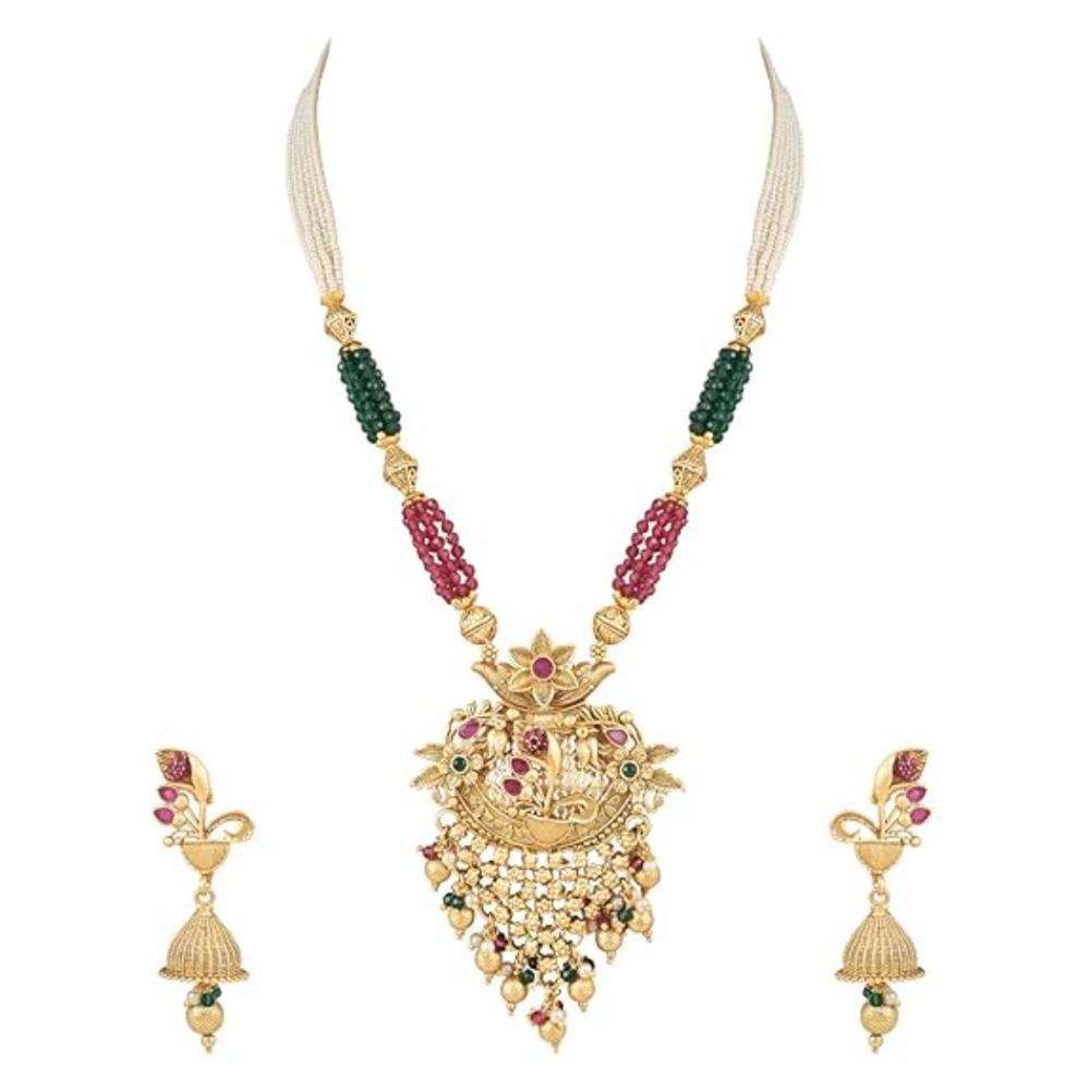 Etnico Gold Plated Traditional Temple Brass Long Pearl Necklace & Jhumki Earrings Set For Women (MC127QG)