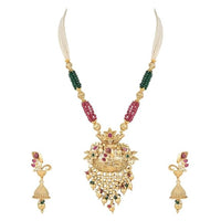 Etnico Gold Plated Traditional Temple Brass Long Pearl Necklace & Jhumki Earrings Set For Women (MC127QG)