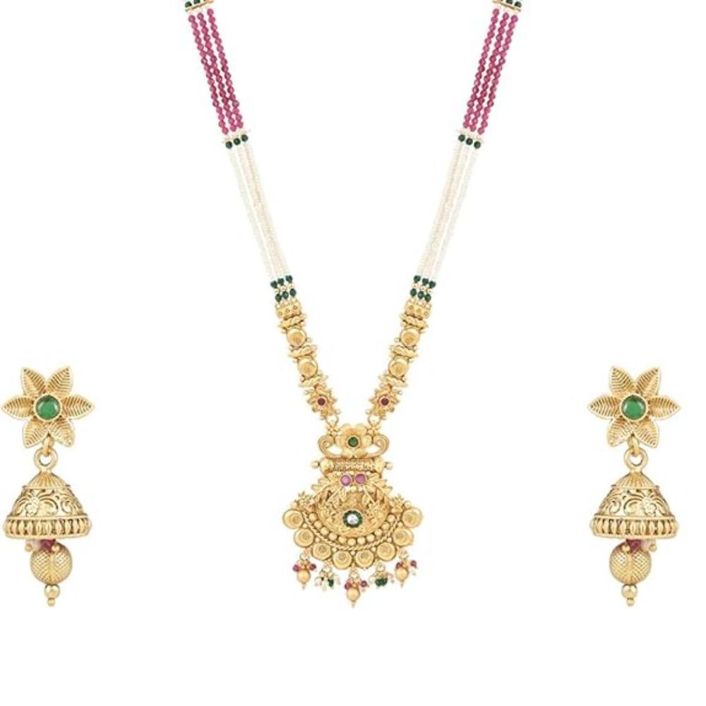 Etnico Gold Plated Traditional Temple Brass Long Pearl Necklace & Jhumki Earrings Set For Women (MC129QG)